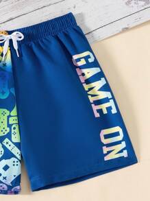 Tween Boy Gamepad & Letter Graphic Drawstring Waist Swim Shorts - Navy Blue - View 4