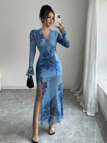 Elenzga Women Vacation Chic Elegant Fashion Charming Flare Sleeve V-Neck Tie Waist Side Slit Fitted Floral Print Dress (Random Print)