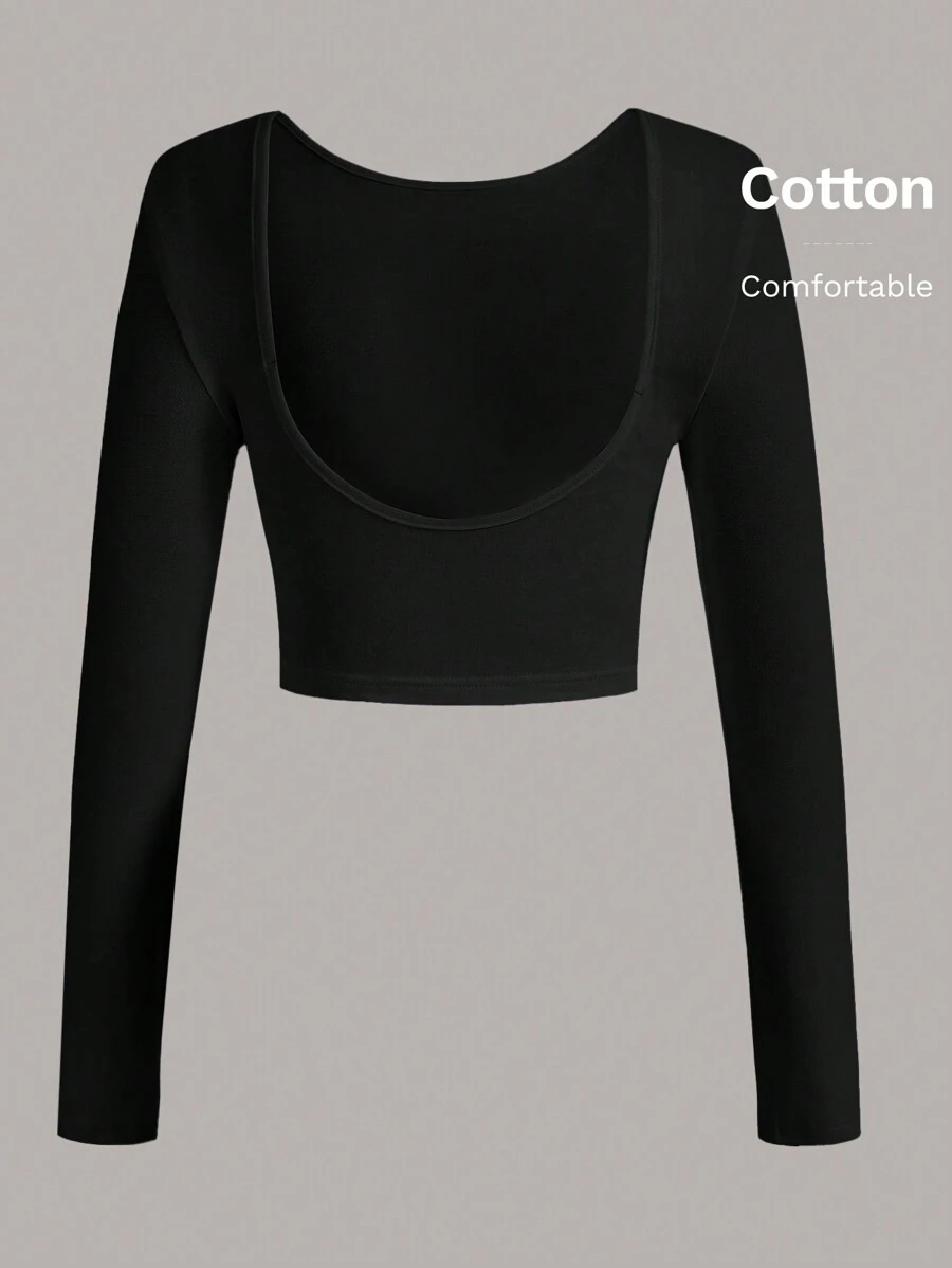 SHEIN EZwear 素色露背短款T恤 - 黑色 - 查看 1