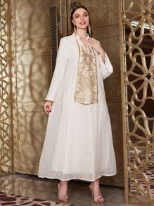 Layrah Women's Luxury Embroidered & Sequins Embellished Collar Loose A-Line Dress, Luxury Evening Dress Arabian Dresses - White - View 1