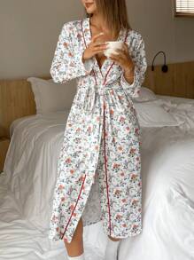 DAZY Bata de estar por casa con estampado floral todo sobre, ribete de color contrastante y corte relajado