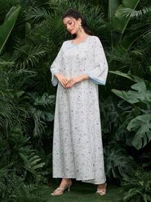 Al Najma Gaun Panjang Maxi Gaya Arab Elegan Motif Bunga Kecil untuk Wanita - Baby Blue - View 2