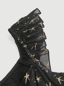 SHEIN MOD 黑色星形图案梦幻复古优雅宫廷风网眼连衣裙，带荷叶边下摆和蝴蝶结装饰，特殊面料，适合约会、派对、节日、茶会、生日穿着、情人节、女士夏季服装、女士沙滩服装、狂欢节服装、女士度假服装、女士节日服装、女士复活节服装、女士约会夜服装 - 黑色 - 查看 4