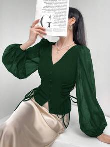 Heiryn Women's Elegant Emerald Green Blouse With Sheer Puff Lantern Sleeves And Lace-Up Detail - Dark Green - View 4