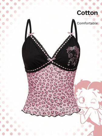 Betty Boop | ROMWE Blusa sin mangas con estampado de leopardo en bloque de color con patrón de diamantes y personaje de caricatura para mujer, ideal para verano