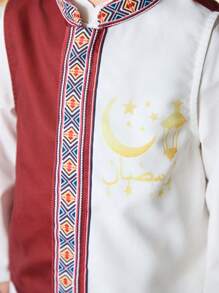 SHEIN 2 件套男婴套装：传统图案立领白色长袍和圆领红色背心，适合春夏季 - 白色 - 查看 3