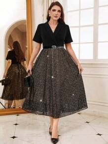 SHEIN Clasi Abito midi elegante, da donna taglie comode, con colletto, vita fasciata, inserti in rete e paillettes, adatto per feste - nero - Visualizzare 5