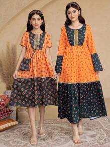 2pcs/Set Tween Girls Resort Rayon Rose Print Patchwork Short Sleeve Mini Dress With Crossbody Bag, Spring/Summer - Multicolor - View 1