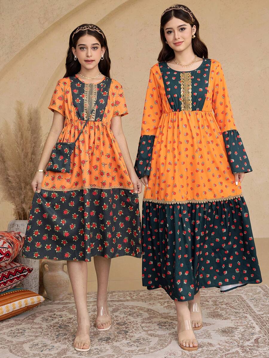 2pcs/Set Tween Girls Resort Rayon Rose Print Patchwork Short Sleeve Mini Dress With Crossbody Bag, Spring/Summer - Multicolor - View 1