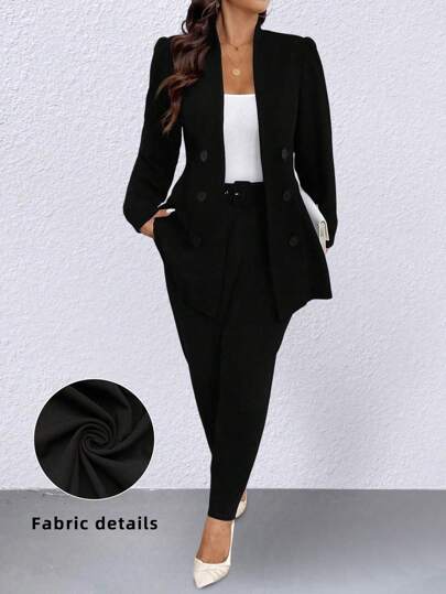 Elenzga Plus Size Solid Color Elegant Office Wear Long Sleeve Blazer & Trousers Suit Set Graduation,Back To School,Teacher Outfits For Women Fall Cloth For Women Autumn