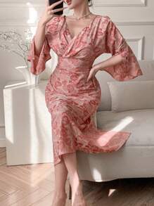 DAZY 女士中长款印花V领喇叭袖连衣裙，腰部收紧，优雅复活节风格 - 粉色 - 查看 4