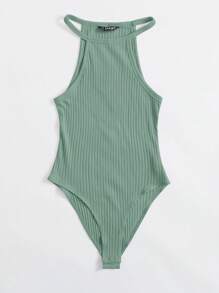 SHEIN EZwear Women's Solid Color Rib-Knit Halter Bodysuit - Mint Green - View 3