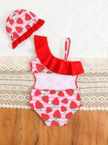 Baby Girl Strawberry Print Ruffled Asymmetric Neck One-Piece Swimsuit With Swim Cap - Multicolor - View 2