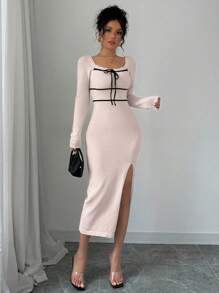 Calvaya Nuevo estilo de vestido suéter elegante y sexy con cuello cuadrado, abertura y cordón ajustable para mujer