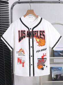 Tween Jungen T-Shirt Oversize lässig, vielseitig, bequem, Streetwear-, Basketball Nummer & Buchstaben Muster Patchwork Einsätze, kurzärmig, locker geschnitten - Weiss - Übersicht 4