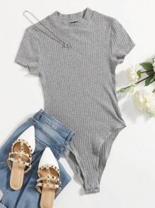 SHEIN EZwear Mock-neck Rib-knit Bodysuit - Light Grey - View 7