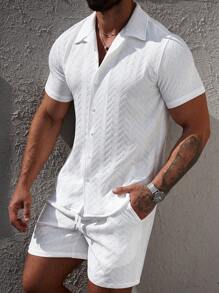 Manfinity CasualCool 男士休闲纯色纹理短袖衬衫和短裤套装，男士夏季白色服装套装