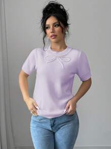 Elenzga Women Faux Pearl Decor Bow Knit Top, Round Neck Short Sleeve Casual For New Year Clothes - Dusty Purple - View 5