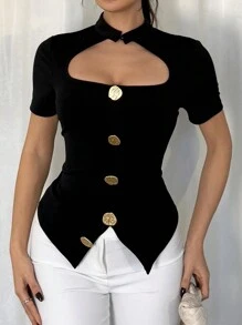 Calvaya Elegante casual T-shirt met korte mouwen en metalen knoopsluiting voor dames