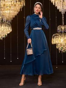 Modelyn Spring Valentine's Day Women's Elegant Arabic Style Rhinestone Decor Stand Collar Lantern Sleeve Dress - Navy Blue - View 8