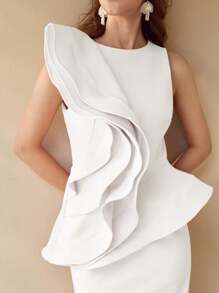 MOTF PREMIUM EXAGGERATE RUFFLE TRIM DRESS WOMEN MIDI DRESSES ELEGANT ELEGANT - White - View 2