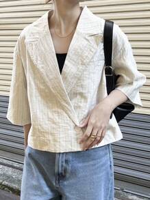 FRIFUL Women's Striped Loose Super Short Suit Jacket Women Blazers Business Attire - Apricot - View 4