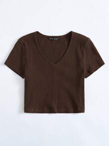 SHEIN EZwear Top tejido de canalé de cuello V - Marrón Chocolate - Ver 3