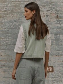 MUSERA Knit Button Up Ribbed Hem Boxy Fit Crew Neck Vest Christmas Winter Elegant Party Evening