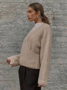 MUSERA Knit Boxy Fit Crossover V-Neck Long Sleeve Jumper Chic - Khaki - View 2