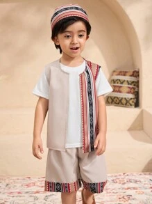 SHEIN 男童 3 件套彩色条纹背心、短裤和帽子套装 - 卡其色 - 查看 4