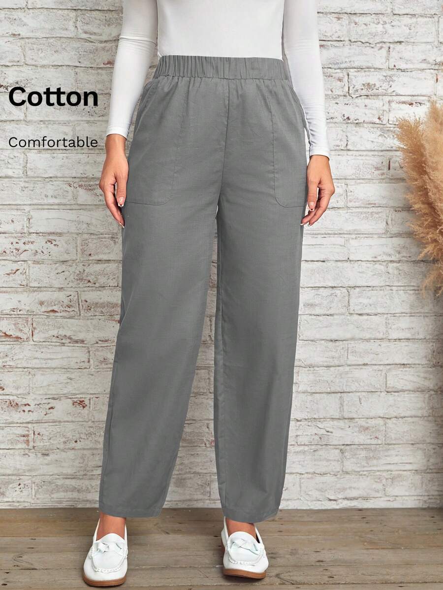 SHEIN LUNE Pantalones unicolor con bolsillo oblicuo - Gris Oscuro - Ver 1