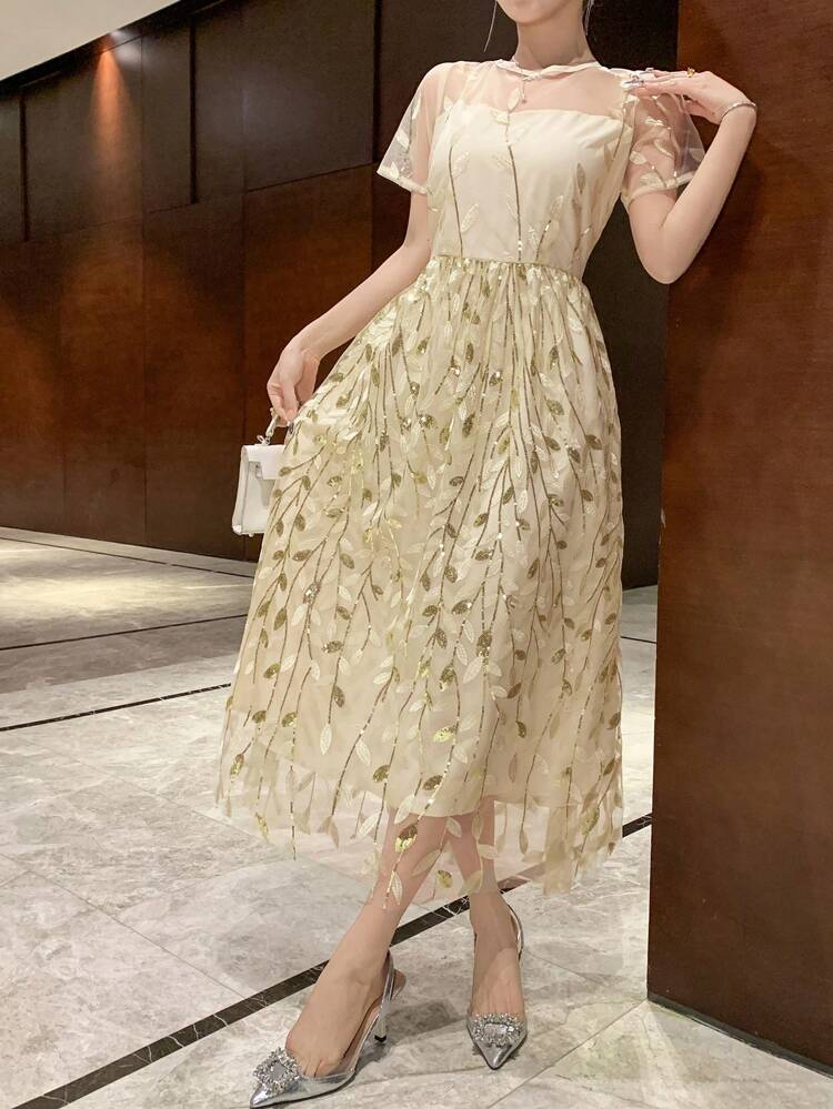 Women's Elegant Mid-Length Floral Sequined Round Neck Short Sleeve Dress Prom Dress,Dress For Wedding New Year Eve Dress Maxi Dress