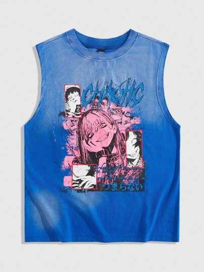 Men's Anime Letter & Cartoon Print Crew Neck Tank Top