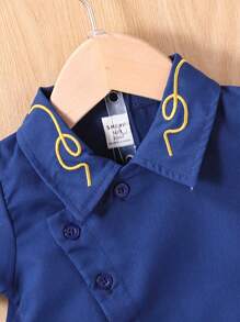 SHEIN 2pcs/Set Infant Baby Boys Spring/Autumn Button-Down Collar Shirt Top And Shorts, Casual Party Outfit, Embroidered Collar Design, Breathable Fabric, Suitable For Summer Ramadan, Vacation, Baptism, Birthday, 6 Months - 3 Years