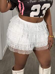 Slaydiva 大码女式芭蕾甜美蝴蝶结撞色网眼蕾丝荷叶边迷你短裤，适合海滩度假、春夏季 - 白色 - 查看 6