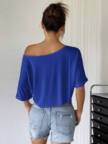 SHEIN EZwear Navy Blue Off-Shoulder Loose Knit T-Shirt For Women