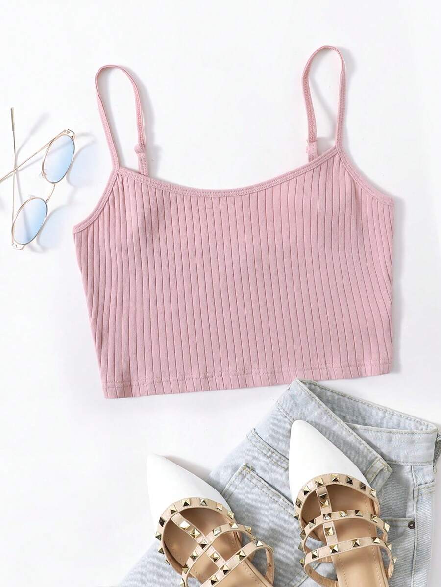 SHEIN EZwear 羅紋針織短版吊帶上衣 - 藕粉色 - 查看 1