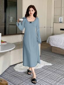 DAZY Sweet Contrast Bow Decor Wave Hem Flare Sleeve Mid-Length Nightgown Pajama - Blue - View 1