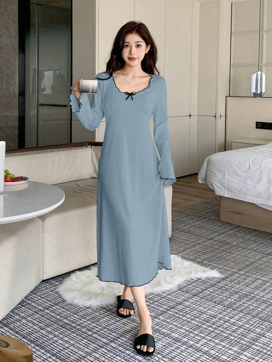 DAZY Sweet Contrast Bow Decor Wave Hem Flare Sleeve Mid-Length Nightgown Pajama - Blue - View 1