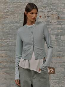 MUSERA Crew Neck Long Sleeve Popper Down Fastening Fitted TopVacation Spring Summer - Green - View 1