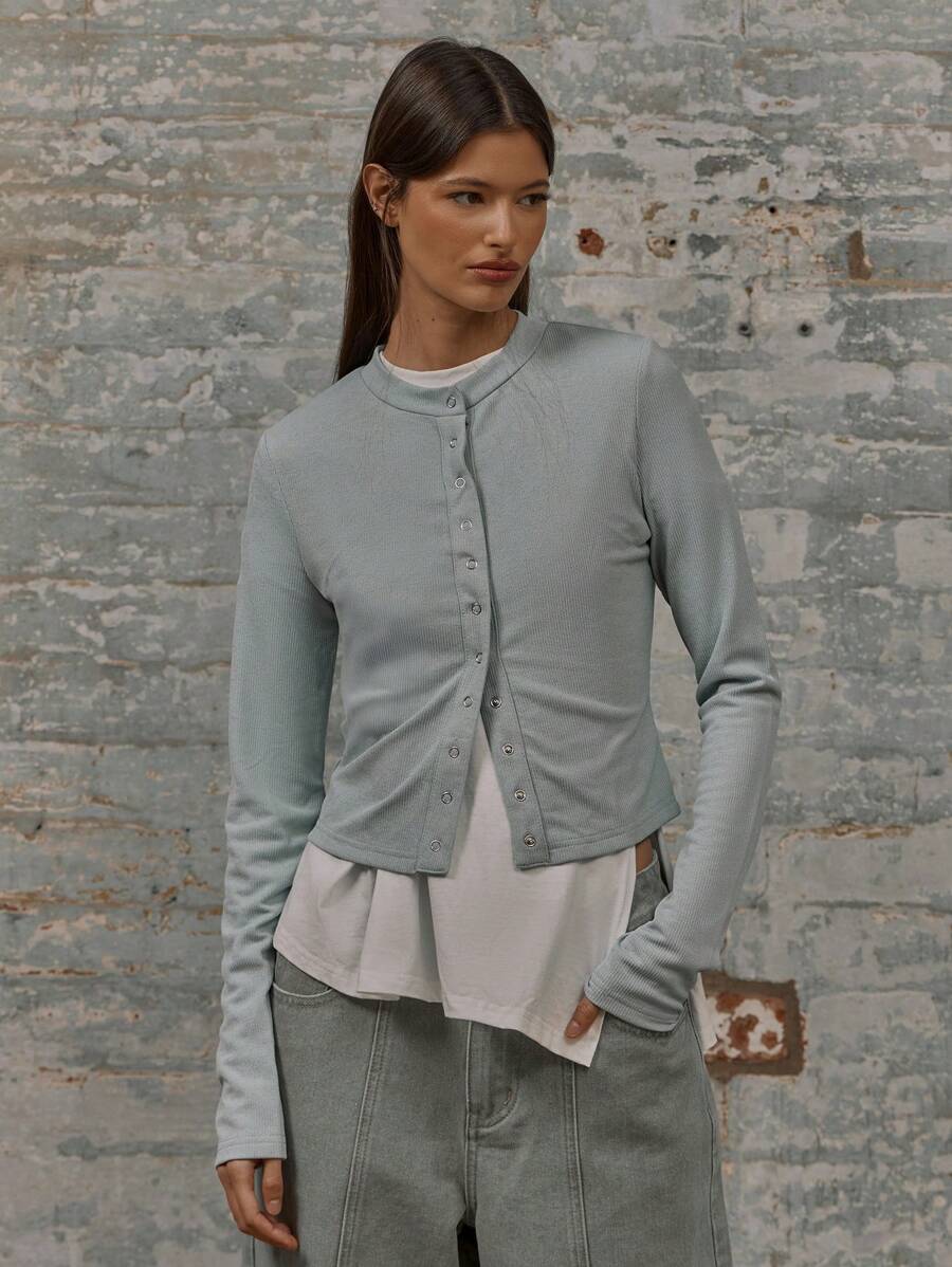 MUSERA Crew Neck Long Sleeve Popper Down Fastening Fitted TopVacation Spring Summer - Green - View 1