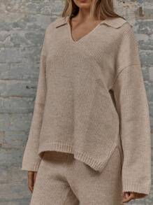 MUSERA Open V-Neck Knit Long Sleeve Oversized Collared Sweatshirt Chic - Apricot - View 5