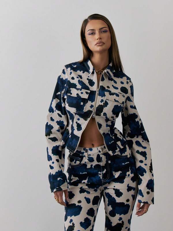 MUSERA Double Zip Cinched Waist Long Sleeve Cow Print Collared Denim Jacket Spring 90's Y2k Cute Sexy Summer Western Holiday Rave Festival Concert Ibiza Graphic Going Out Night Out