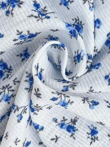 SHEIN CURVE+ Women's Plus Size Knitted Floral Printed Summer Dress With Spaghetti Straps - Blue and White - View 8