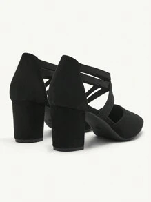 CUCCOO CHICEST 女士时尚黑色天鹅绒弹力带尖头粗高跟鞋，适合办公室、约会、派对、婚礼、节日 - 黑色 - 查看 9