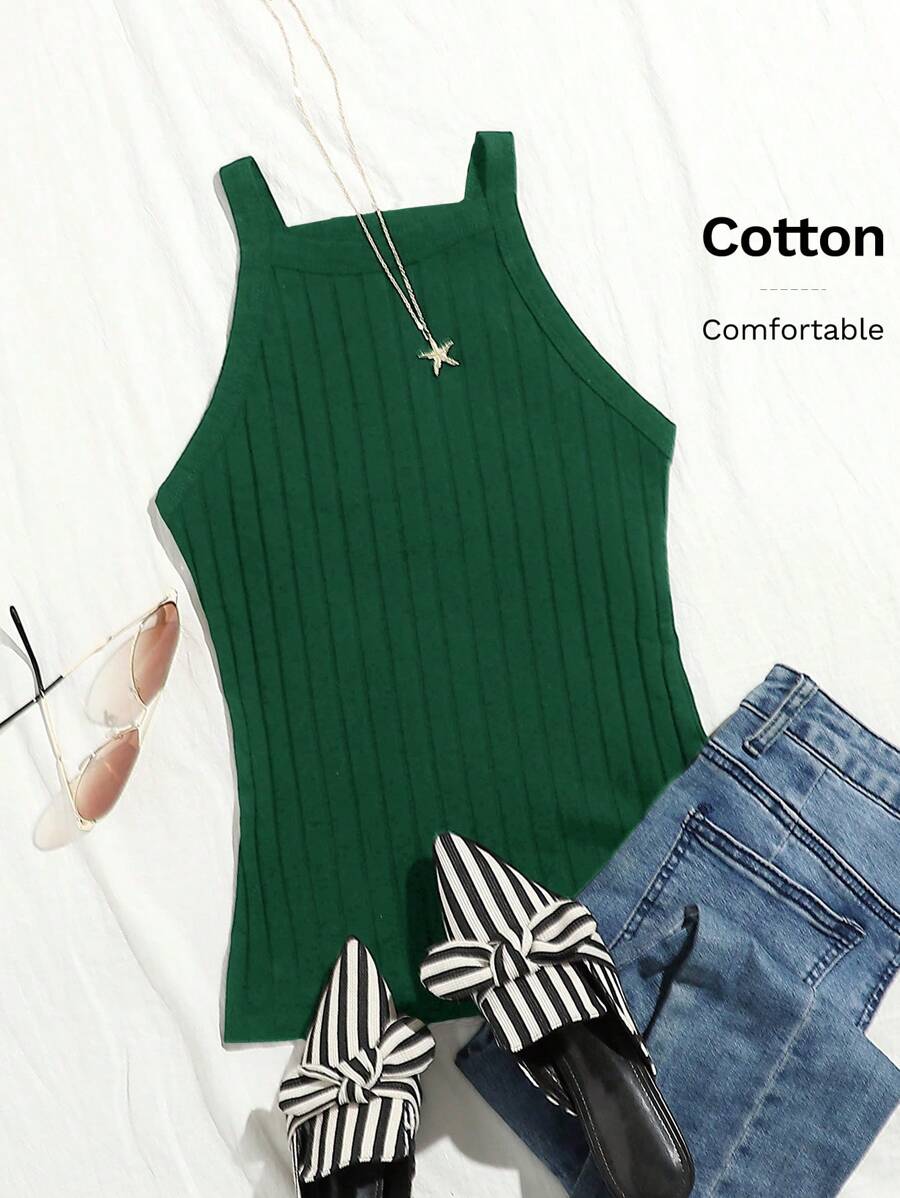 SHEIN EZwear Rib-knit Cami Top - Dark Green - View 1