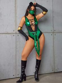 Fantasy Costume Conjunto de 5 piezas de lencería sexy con tiras cruzadas, diseño hueco y PU, en color negro y verde, para fiesta
