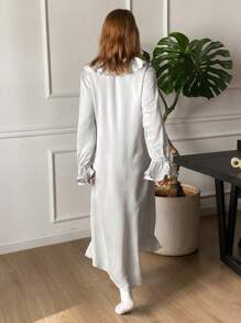 DAZY Mid-Length Satin Ruffle Hem Ladies Nightgown Pajama - Light Grey - View 2