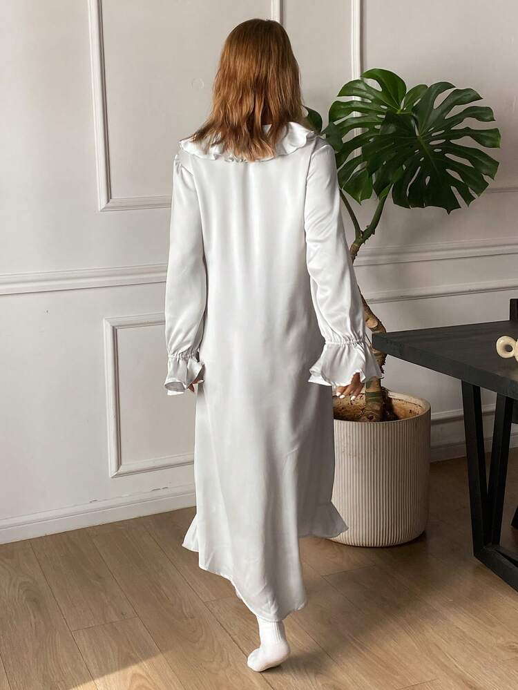 Mid-Length Satin Ruffle Hem Ladies Nightgown Pajama