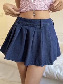 SHEIN EZwear 女式牛仔中腰迷你百褶裙，蓝色，全年适用，适合春夏季假期，适合夏季，蓝色夏季，女士度假装，复活节，春季，西方，女士办公室装，狂欢装，婴儿淋浴裙，Cottagecore，女士乡村装，别致，女士优雅裙子，沙滩裙，毕业裙，度假裙，复活节裙，太阳裙